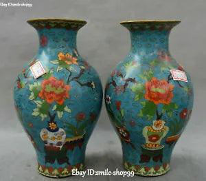 9" Super Cloisonne Enamel Peony Peonies Leaf Flower Vase Bottle Statue Pair