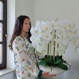 Floral print long-sleeve dress, light base with colorful botanical pattern