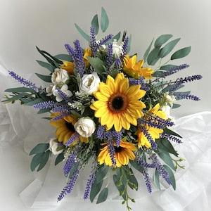 Sunflower Wedding Bouquet Cream Rose Purple Lavender Sunflowers Eucalyptus Bridesmaids Wedding Bouquets Faux Silk Rustic Weddings Flowers
