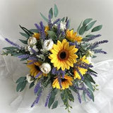 Sunflower Wedding Bouquet Cream Rose Purple Lavender Sunflowers Eucalyptus Bridesmaids Wedding Bouquets Faux Silk Rustic Weddings Flowers