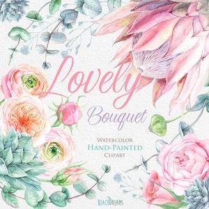 Wedding Watercolor Flowers, Protea, Ranunculus, English Roses, Eucalyptus, Succulents, handpainted clipart, invitations, greeting card
