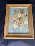 Vintage Wood Framed Pressed Dried Flowers Foliage On Turquoise Background