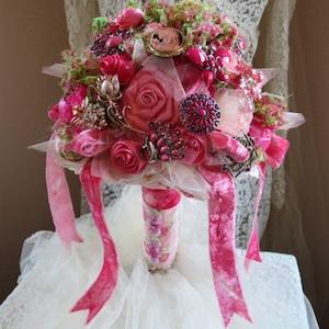 Shabby Chic Peach Salmon Brooch Bouquet Lace Satin Roses 1940s Vintage Velvet  Victorian Alternative Wedding Crystal Rhinestone Romantic