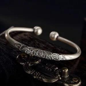 S925 Silver Pinched Peony Flower Vintage Opening Thai Silver Women's Bracelet???
