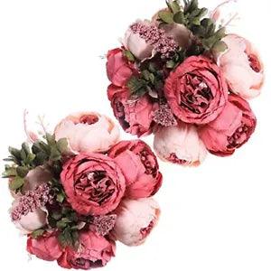 2Pcs Vintage Artificial Peony Silk Flowers Bouquet Home Dark Pink Bud-2