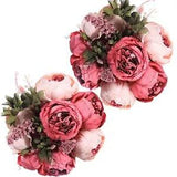 2Pcs Vintage Artificial Peony Silk Flowers Bouquet Home Dark Pink Bud-2