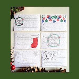 Plantable Christmas gift tags with festive drawing of stocking, ornament, six holiday gift tag, name tag, wild flower gift name tag