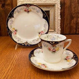 Set of 8, Casino by Samuel Radford, Radfordian Fine Bone China, Hand Painted Cabbage Roses with Cobalt Blue and Gold Trim Trios