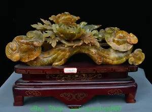 15.7'' Chinese Natural Xiu Jade Carve Wealth Peony Flower Ruyi Statue Sculpture