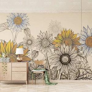 3D Sunflower Wallpaper, Floral Wall Mural, Sketch Wall Decor, Hand Drawn Wall Art, Peel and Stick, Removable Wallpaper, Wall Sticker