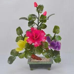 Natural Chinese Jade 3 Colors Peony Flower Bonsai Flowering Feng Shui Decor