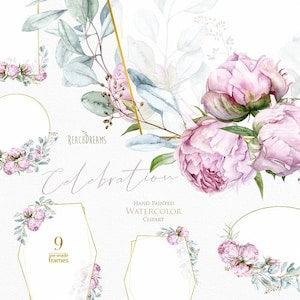 Eucalyptus & Peonies clipart, Floral, Gold frames, Peony buds, Greenery, Light Pink, Watercolor Bouquets, Bohemian Boho, Wedding invitations