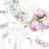 Eucalyptus & Peonies clipart, Floral, Gold frames, Peony buds, Greenery, Light Pink, Watercolor Bouquets, Bohemian Boho, Wedding invitations