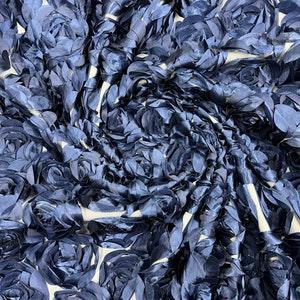 Navy Rosette Fabric 3D Floral Fabric By The Yard, Peony Bouquet Fabric on Mesh, 3D Rosette Satin Fabric Wedding Decor.