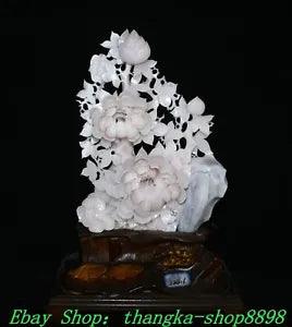 17" China Natural Pink Xiu Jade Carve Peony Flower Ganoderma RuYi Art Statue