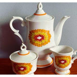 Vintage Sunburst Teapot With Creamer & Sugar Bowl, Retro Mid Century Decor, Red, Yellow and Orange Design