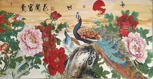 47"*24"China Cloth Silk Embroidery Peacock Peony Flower Mural Painting Tapestry