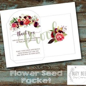Floral Baby Shower Favor, Baby Shower Thank You Favor, Boho, Flower Seed, Baby Girl Shower, Seed Packet, Baby In Bloom Printable DIY