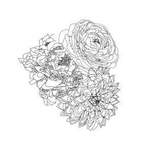 Peony Dahlia Ranunculus Bouquet Large Art Print, Original Art, Botanical Wall Art, Spring Flowers, Black and White, Floral Print