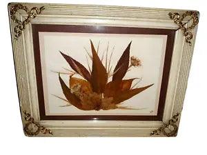 Vintage Shabby Dried Pressed Flowers Leaves Picture Wooden Frame Wreath Accent
