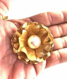 Large Vintage Gold Toned Flower Brooch with Faux Pearl, Carnation, or Rose Desig