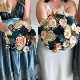 1920's Vintage Blush and Blue Bouquet - Wooden Flowers - Feathers - Pearls - Brooches - Bridal Bouquet - Rose Gold - Wedding Flowers