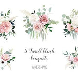 Blush pink rose, ranunculus, dahlia, peony, hydrangea, anemone, carnation flowers vector design bouquets. Wedding floral and greenery.