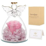 Preserved Flower in Glass Angel Figurines Gifts for Women. Perfect Pink Rose