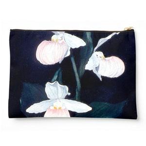Lady Slipper Orchids Zip Bag. Pink and White Orchids on Black Background Zip Pouch. Large Green glossy leaves. Gift for Orchid Lovers.