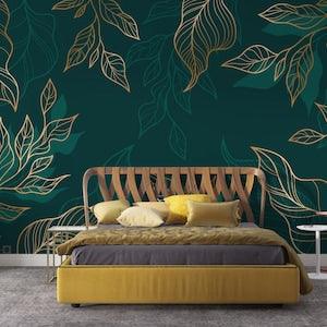 Green And Gold Colors Big Leaves Removable Wallpaper, Exotic Leaf Easy Living Room Wall Mural, Customizable Tropical Wall Mural