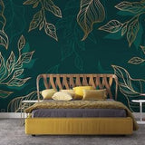 Green And Gold Colors Big Leaves Removable Wallpaper, Exotic Leaf Easy Living Room Wall Mural, Customizable Tropical Wall Mural
