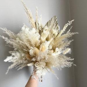 All White Natural Preserved Flowers Boho Pampas Palm leaves Bunny Tails Wedding Boho Bridal Bouquet Ivory Wedding Bouquet Dried Flowers