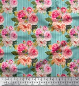Soimoi Green Cotton Poplin Fabric Stripe & Ranunculus Floral Fabric-I1s