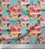 Soimoi Green Cotton Poplin Fabric Stripe & Ranunculus Floral Fabric-I1s
