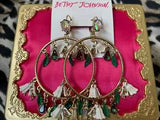 Betsey Johnson Lily Flower White Lily Bell Green Leaf AB Hoop Dangle Earrings
