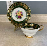 Staffordshire England Wide Mouth Green Gold Rose Bouquet Tea Cup And Saucer Set