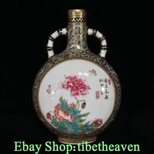 8.2" Marked Old China colour enamel Porcelain Peony Flower 2 Ear ellipse bottle
