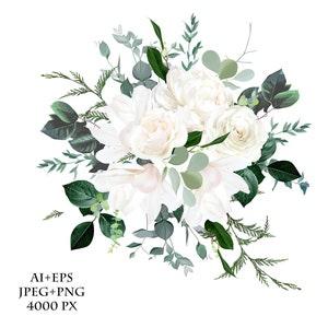 Ivory roses, white peony and magnolia, cedar, fern, eucalyptus vector design bouquet. Rustic wedding greenery. Green, emerald, beige, white