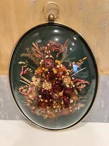 Vintage Cideart Dried Straw Flower Oval Convex Glass Frame BOHO Wall Art Belgium