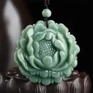 Natural Green Jadeite Carved Exquisite Peony Flower Pendant Amulet Necklace Gift