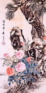 STUNNING ORIGINAL ASIAN ART CHINESE WATERCOLOR PAINTING-Peony flower tree