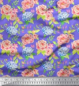 Soimoi Purple Velvet Fabric Periwinkle & Peony Floral Printed Craft-Eas