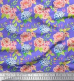Soimoi Purple Velvet Fabric Periwinkle & Peony Floral Printed Craft-Eas