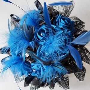 Royal Blue & Black Artificial Roses Feather Plumes With Black Lace Collar  Gothic Bridal Bouquet