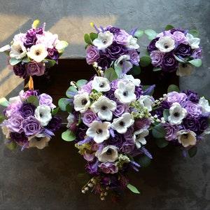 Light Purple Bridal Bouquets, Purple Rose Bridesmaids Bouquets, Real Touch Flowers, White Anemones, Lavender Lilac Wedding Bouquets