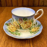Royal Albert Tea Rose Yellow on Blue Background, Hampton Shape Blue and Yellow Teacup and Saucer