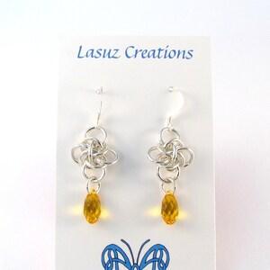 Sterling Silver Persephone Chainmaille Earrings with Sunflower Swarovski Crystals