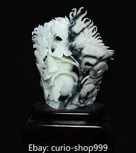 Unique 100% Pure Natural Xiu Jade Carving Magpie Bird Peony Flower Basket Statue