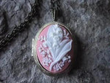 LILY OF THE VALLEY CAMEO LOCKET - ANTIQUE BRONZE, CREAM ON PINK, QUALITY