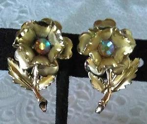 Vintage Flower Carnation ? Leaf Aurora Borealis Rhinestone Clip On Earrings